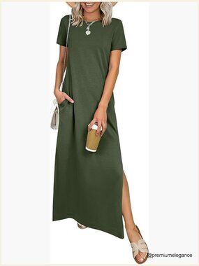 Summer Casual Maxi Dress Short Sleeve Crewneck Split Wrinkle-Free Travel Long